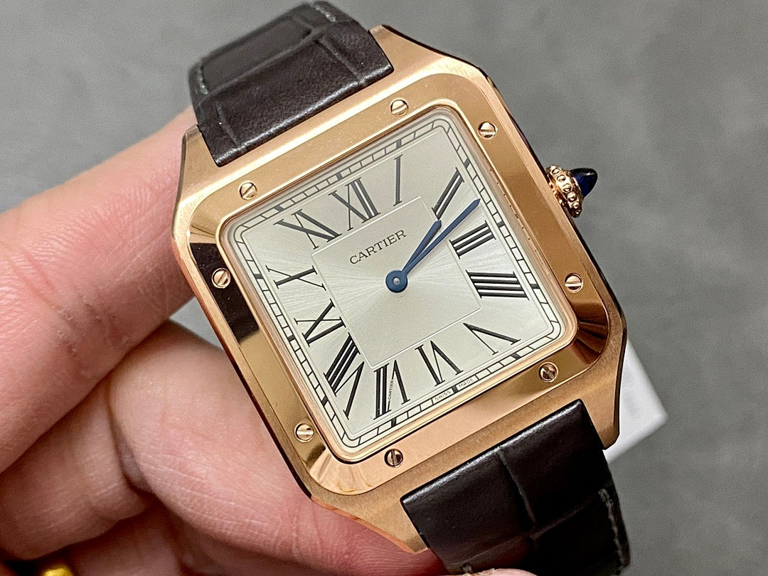 Cartier Santos watch close-up with rose-gold case and black leather strap, Roman dial.