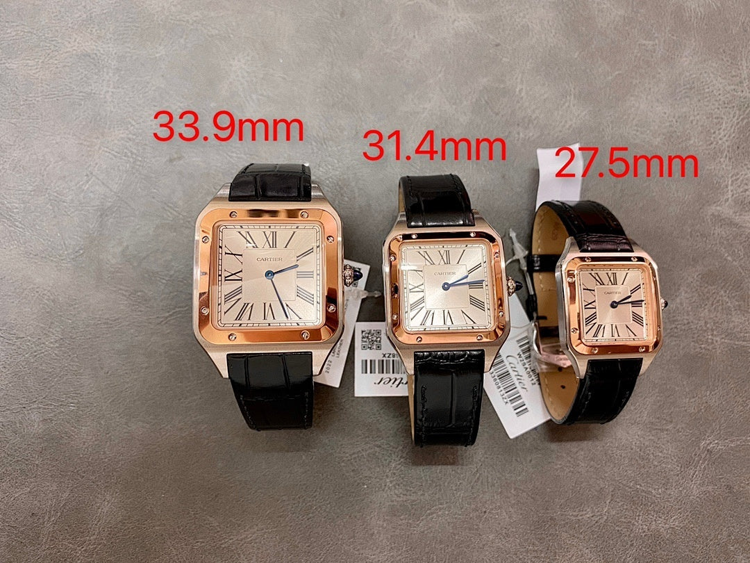 Cartier watch set with rose gold-tone cases and black leather straps in three sizes