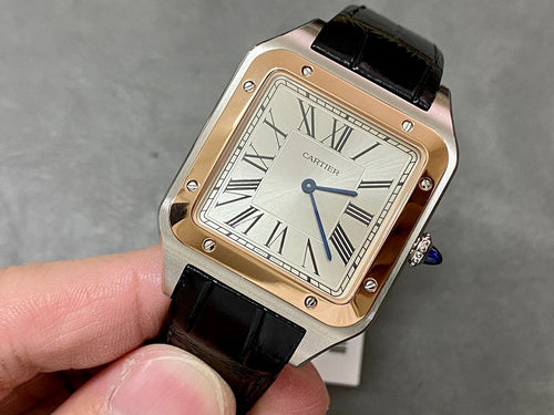 Cartier watch with rose gold-tone case, black leather strap, square dial with Roman numerals