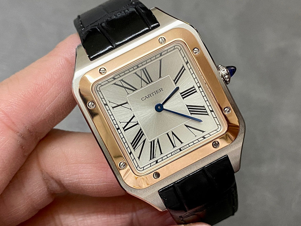 Cartier watch front view with rose gold-tone case, black leather strap, Roman numeral dial