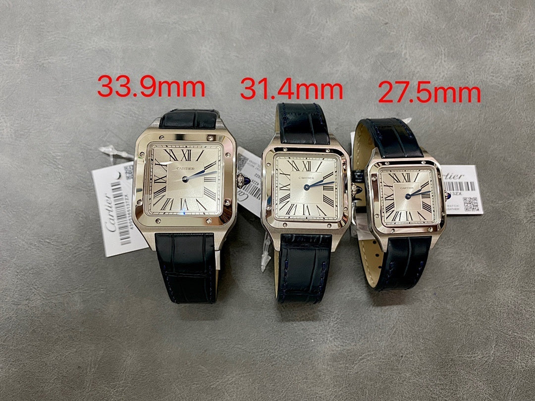 Cartier rectangular watch trio showing 33.9mm, 31.4mm, 27.5mm sizes; black straps, silver.