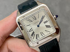 Cartier rectangular watch close-up; Roman numeral dial, black leather strap, silver case.