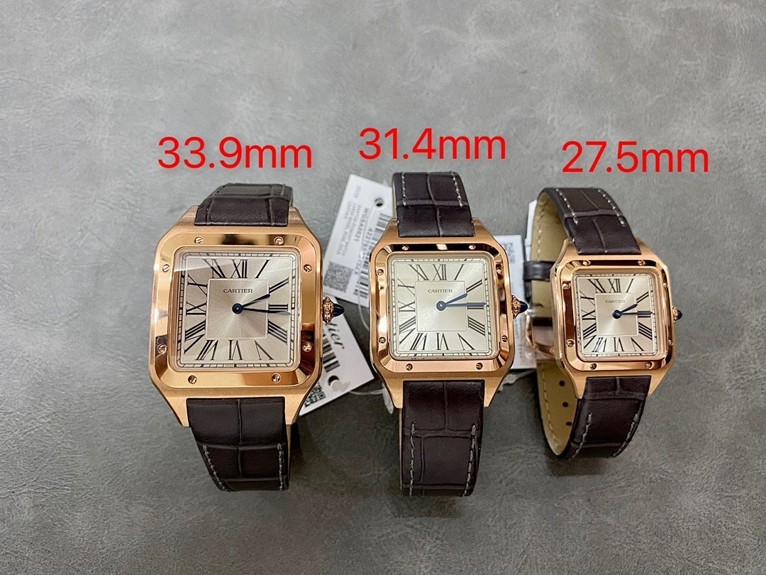 Cartier watches set with gold-tone square cases and black leather straps, white Roman numeral dials