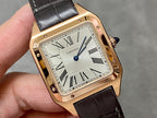 Cartier watch close-up with gold-tone square case, white dial, Roman numerals, black leather strap