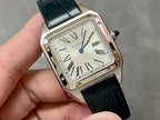 Cartier watch angled front close-up with square silver case and black leather strap.