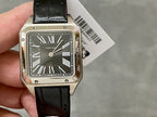 Cartier watch front view with black leather strap and silver case, Roman numeral dial