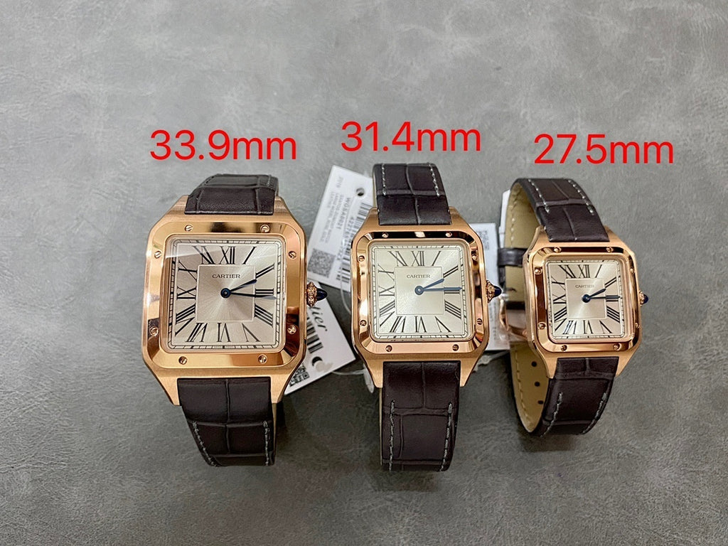 Assorted sizes of gold-tone wristwatches with black leather straps and Roman numeral dials.