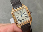 Gold-tone square wristwatch with black leather strap, Roman numeral dial and blue crown.