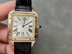 Cartier watch on wrist view with black leather strap and rose gold-tone square case