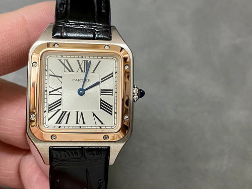 Cartier watch on wrist view with black leather strap and rose gold-tone square case