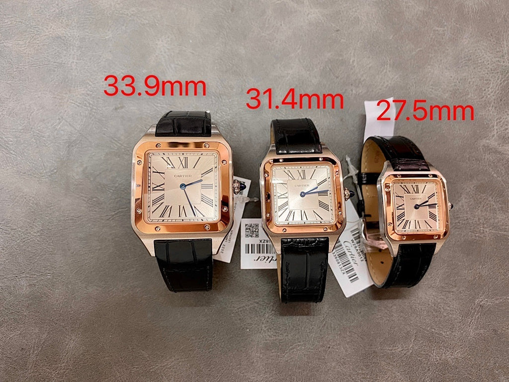 Multiple Cartier watches shown with black leather straps and rose gold-tone square cases