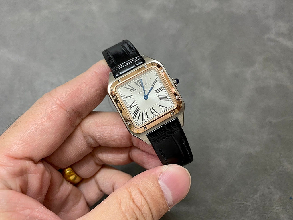 Cartier watch with black leather strap and rose gold-tone square case, front view