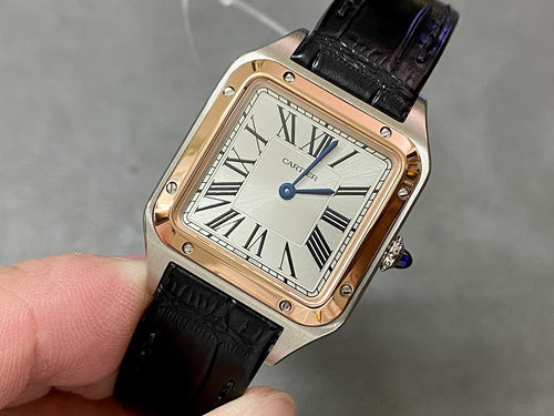 Cartier watch with black leather strap and rose gold-tone square case, silver dial