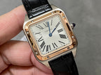 Cartier watch close-up with black leather strap, rose gold-tone square case, silver dial