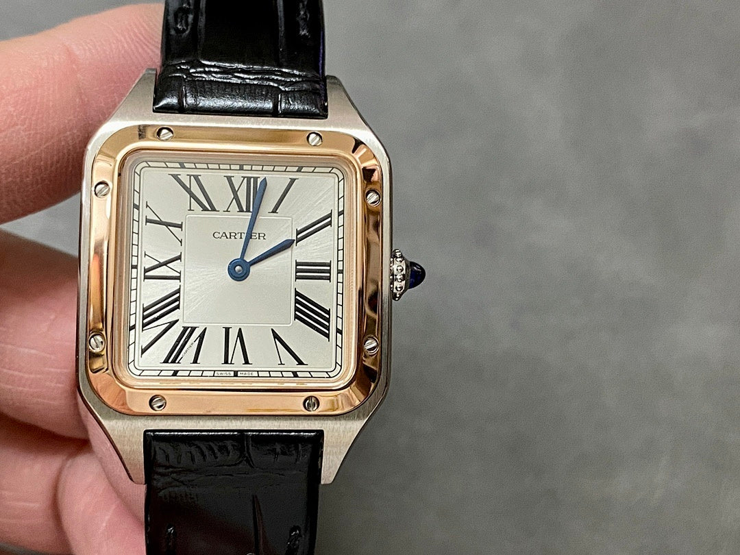 Cartier watch with black leather strap and rose gold-tone square case, front dial view
