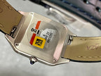 Cartier wristwatch back view with barcode label on metal case and leather strap