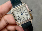 Cartier wristwatch front view with white dial, black leather strap, Roman numerals