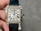 Cartier wristwatch with rectangular silver case, white dial, black leather strap