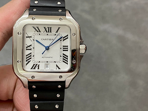 Cartier wristwatch front view, black leather strap with silver screws and Roman numeral dial
