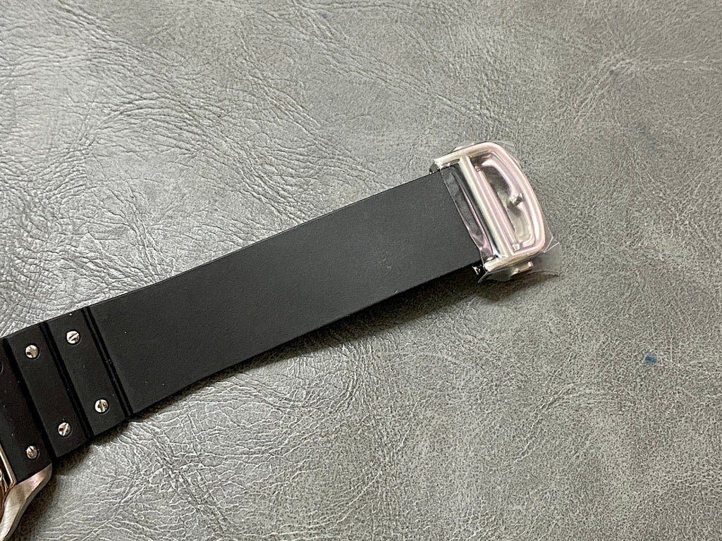 Cartier black leather watch strap with metal buckle clasp and strap end holes