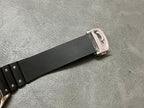Cartier black leather watch strap with metal buckle clasp and strap end holes