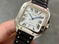 Cartier wristwatch with black leather strap and silver-toned square case, Roman numerals dial