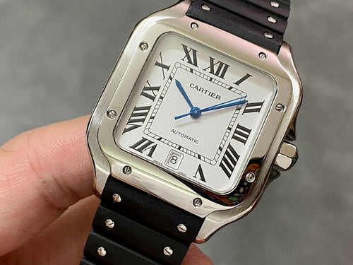 Cartier wristwatch with black leather strap and silver-toned square case, Roman numerals dial