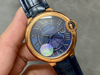 Cartier watch close-up with blue dial, Roman numerals, gold bezel, blue leather strap