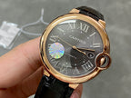 Cartier watch with rose-gold case, black leather strap, dark dial, Roman numerals