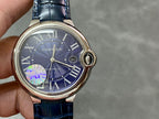 Cartier round wristwatch front with blue dial, Roman numerals, and blue leather strap