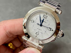 Cartier watch with silver metal bracelet, white dial, blue hands, crown and pushers