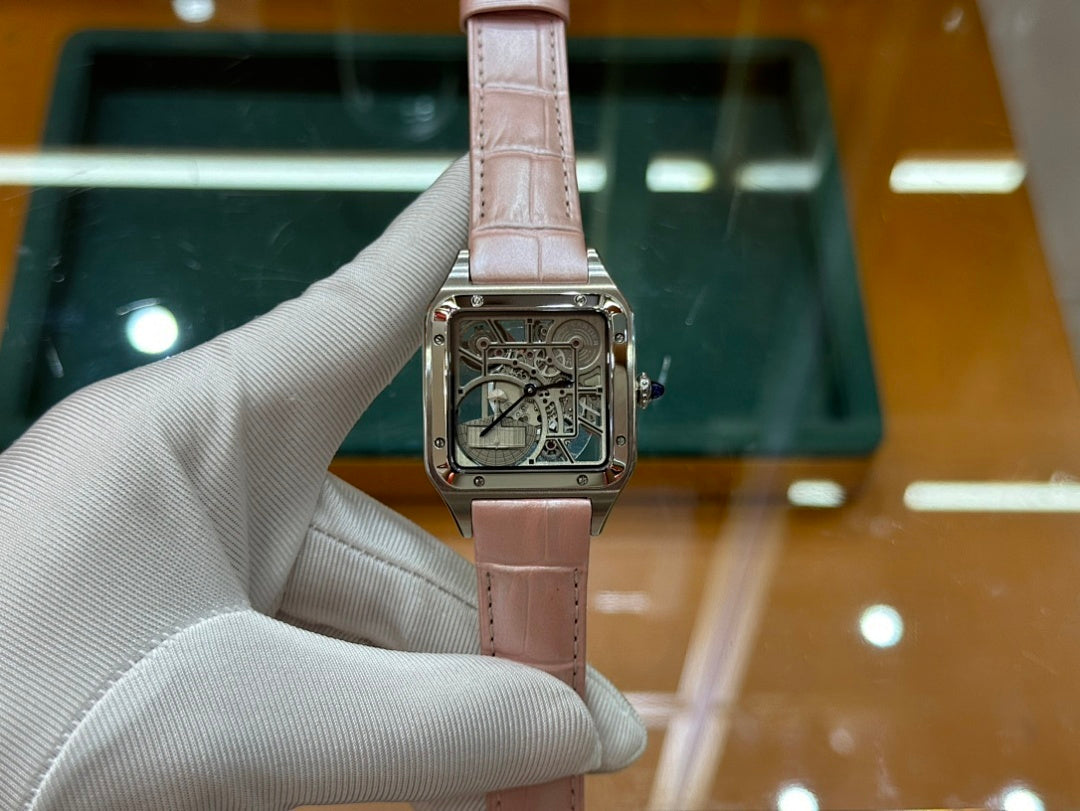 Cartier watch with light pink leather strap and square silver case, front view with skeleton dial