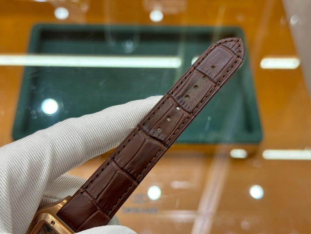 Wristwatch with brown leather strap, side view with gold-tone case edge