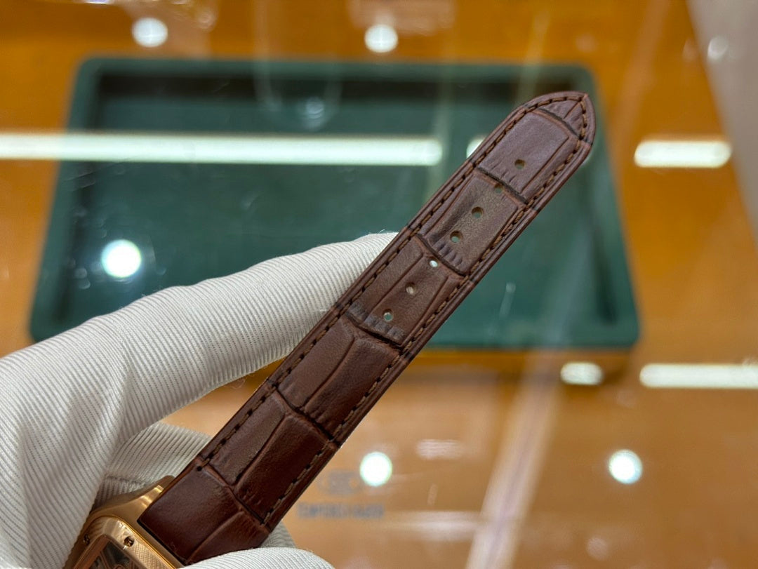 Wristwatch with brown leather strap, side view with gold-tone case edge