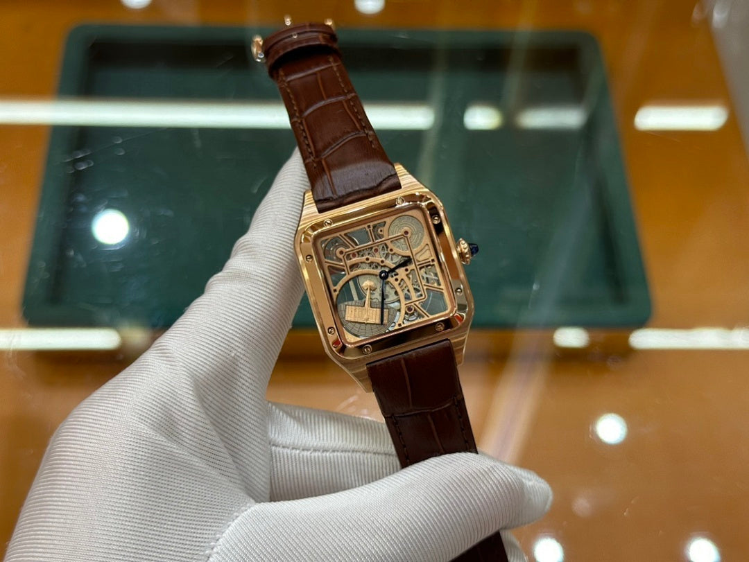 Wristwatch with brown leather strap and gold-tone square case, three-quarter view
