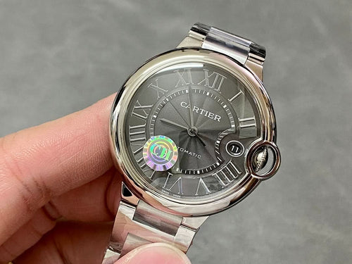 Cartier automatic wristwatch with stainless steel case and bracelet, gray Roman numeral dial