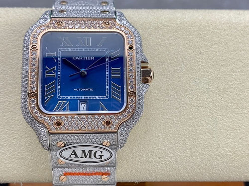 Square automatic watch with blue dial, diamond bezel, silver bracelet and crown