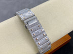 Square automatic watch case with diamond-studded bracelet links, side view