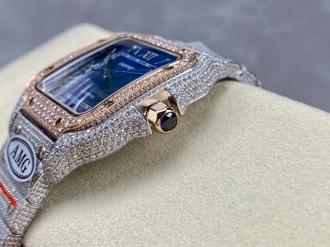 Square automatic watch with blue dial, diamond-studded bezel, side crown view