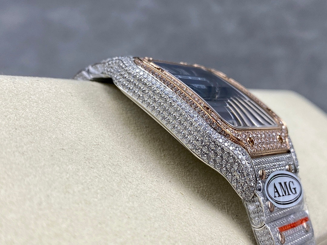 Square watch with blue dial and diamond bezel, bracelet shown from angled side