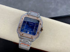Square automatic watch with blue dial and diamond-like bezel, silver tone bracelet