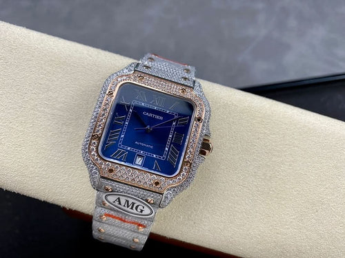 Square automatic watch with blue dial and diamond-like bezel, silver tone bracelet