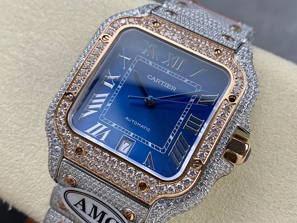 Square automatic watch with blue dial, gold-trim bezel, and silver diamond frame