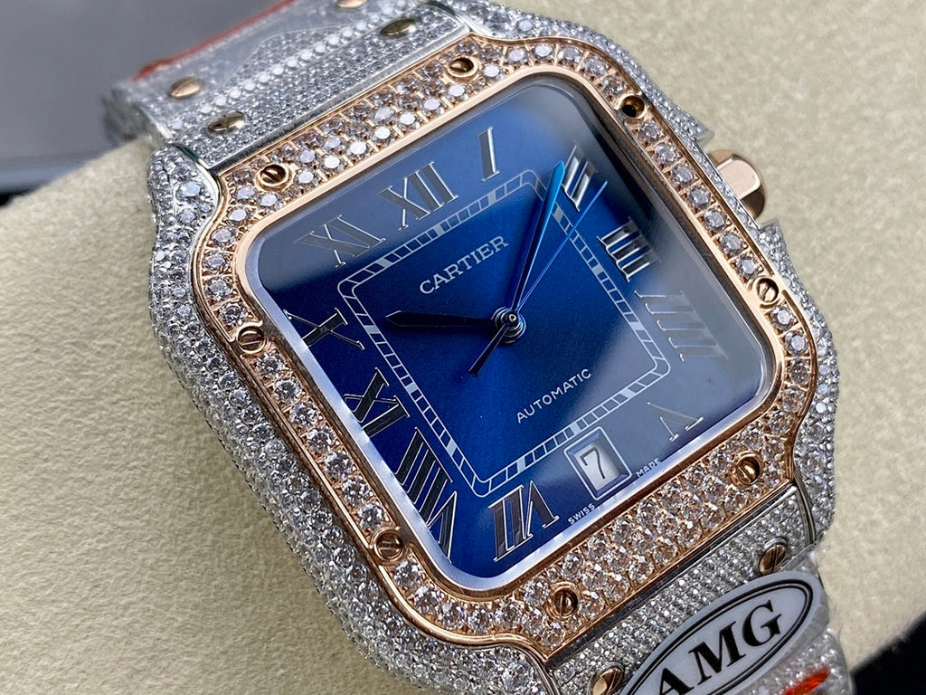 Square automatic watch with blue dial, Roman numerals, and diamond-studded bezel close-up