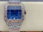 Square automatic watch with blue dial, diamond bezel, silver bracelet and date window