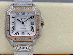 Cartier watch with white dial, Roman numerals, crystal bezel, steel strap, AMG mark