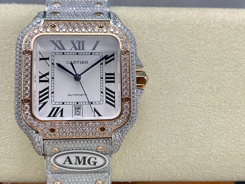 Cartier watch with white dial, Roman numerals, crystal bezel, steel strap, AMG mark