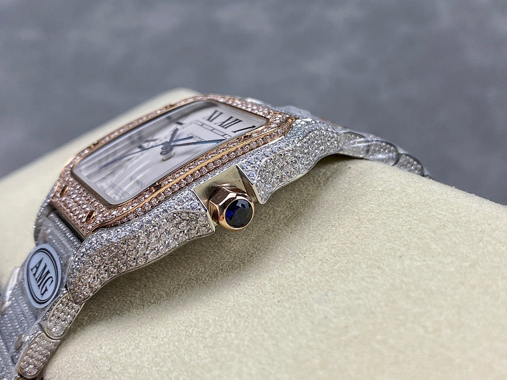 Cartier watch with crown, blue gemstone, textured case, crystal bezel on strap
