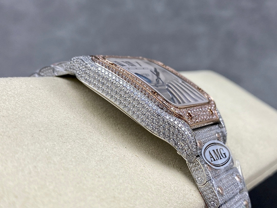 Cartier watch side view with crystal bezel and AMG emblem on studded bracelet