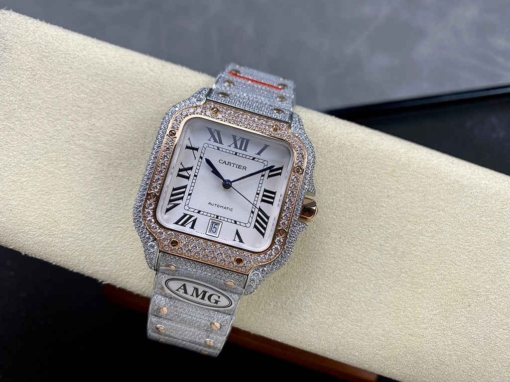 Cartier watch with silver-tone dial, Roman numerals, jeweled case, metal strap